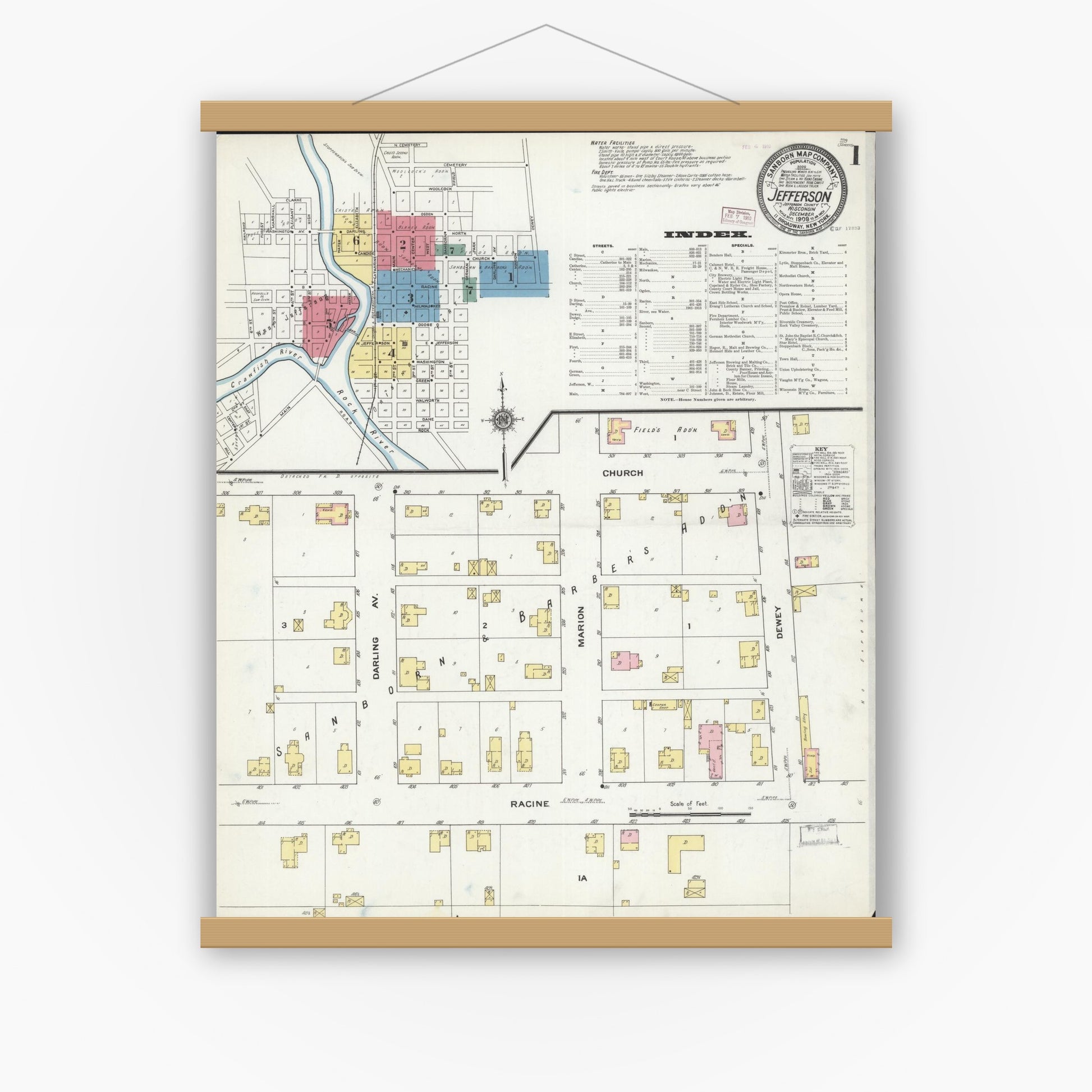 Old map wall art mockup — magnetic wood frame on white wall — Sanborn Fire Insurance Map from Jefferson, Jefferson County, Wisconsin (1909), Sheet #0001