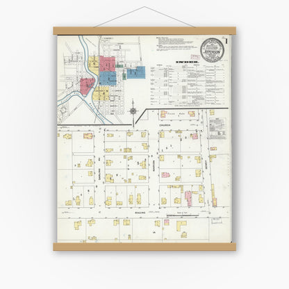 Old map wall art mockup — magnetic wood frame on white wall — Sanborn Fire Insurance Map from Jefferson, Jefferson County, Wisconsin (1909), Sheet #0001