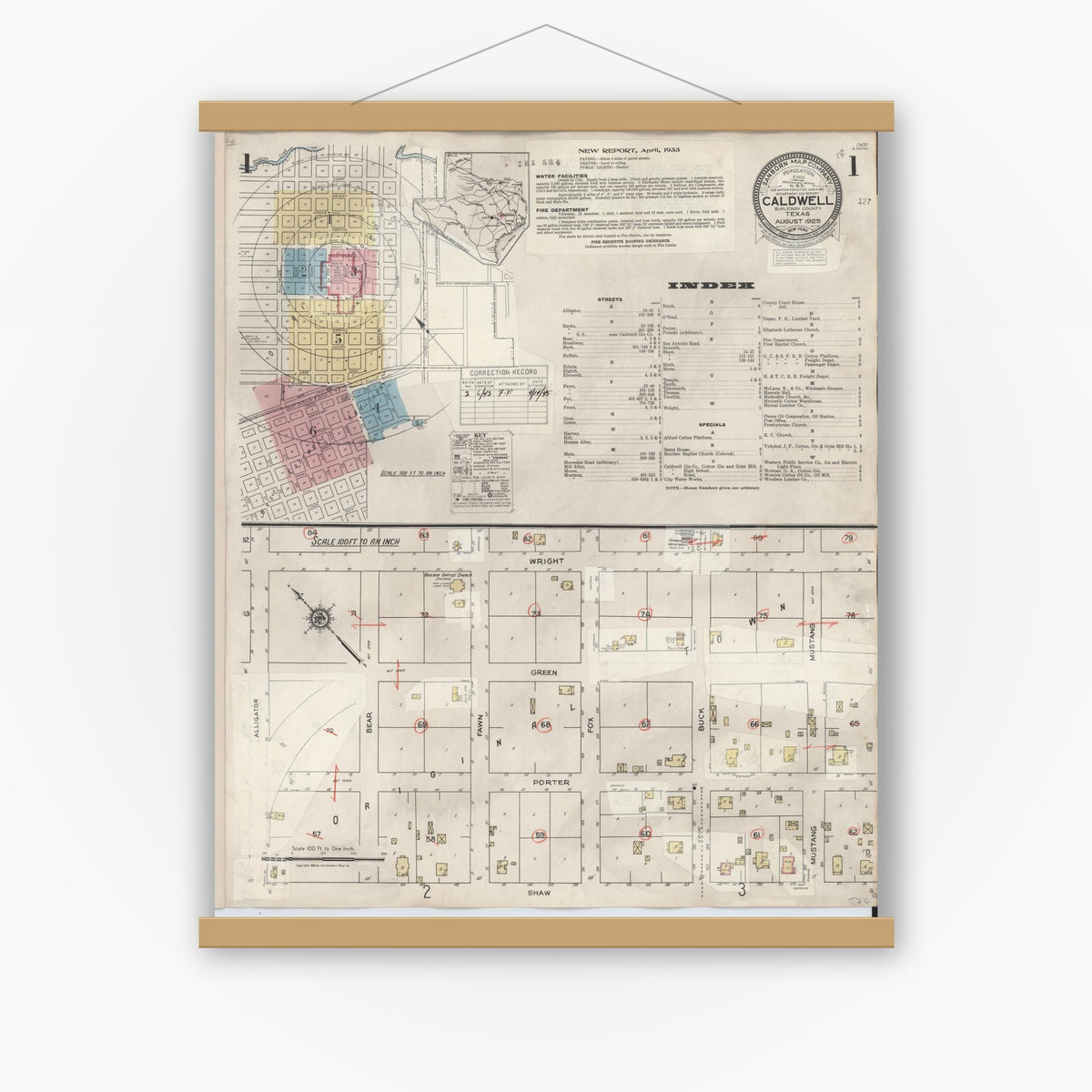 Old map wall art mockup — magnetic wood frame on white wall — Sanborn Fire Insurance Map from Caldwell, Burleson County, Texas (1943) - Complete Map Set