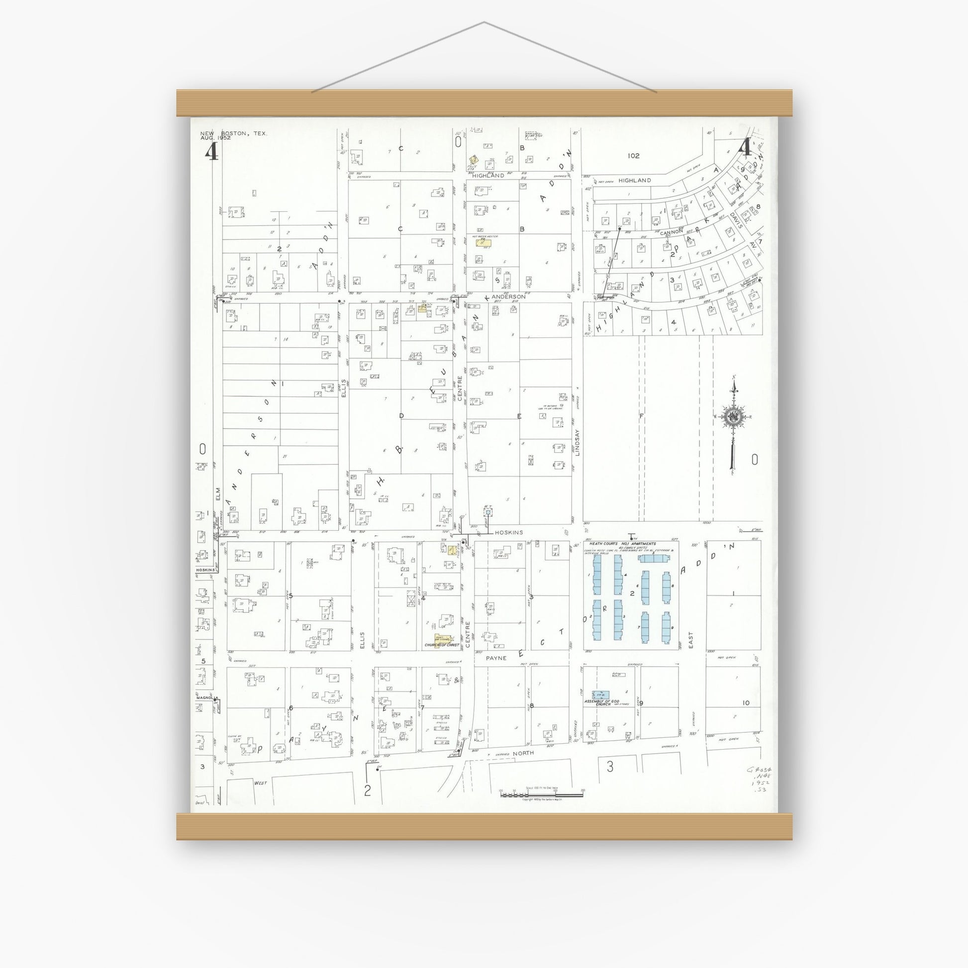 Old map wall art mockup — magnetic wood frame on white wall — Sanborn Fire Insurance Map from New Boston, Bowie County, Texas (1952), Sheet #0004