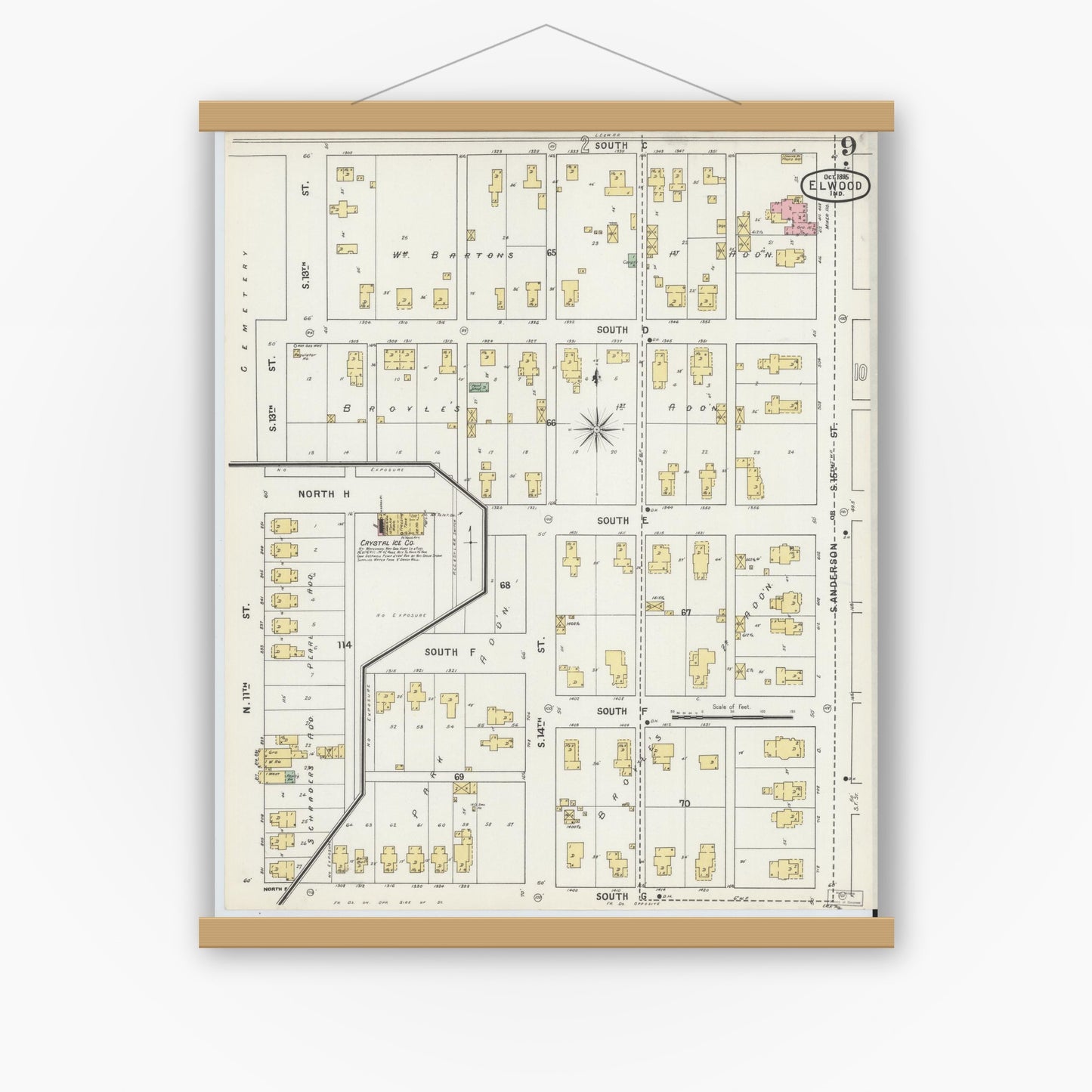 Old map wall art mockup — magnetic wood frame on white wall — Sanborn Fire Insurance Map from Elwood, Madison County, Indiana (1895), Sheet #0009