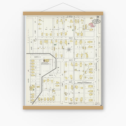 Old map wall art mockup — magnetic wood frame on white wall — Sanborn Fire Insurance Map from Elwood, Madison County, Indiana (1895), Sheet #0009
