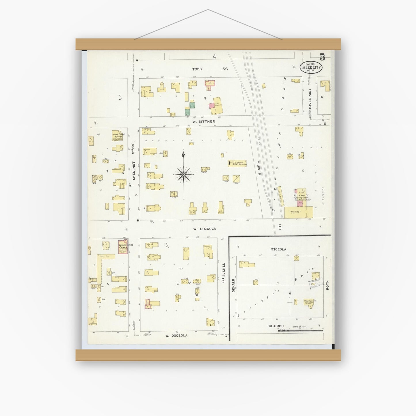 Old map wall art mockup — magnetic wood frame on white wall — Sanborn Fire Insurance Map from Reed City, Osceola County, Michigan (1908), Sheet #0005