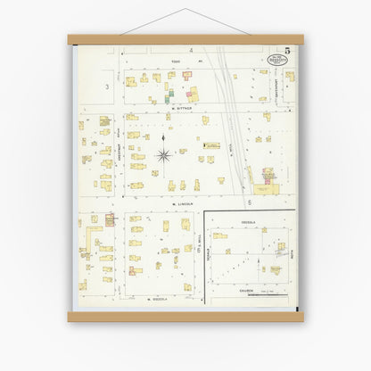 Old map wall art mockup — magnetic wood frame on white wall — Sanborn Fire Insurance Map from Reed City, Osceola County, Michigan (1908), Sheet #0005