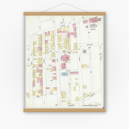 Old map wall art mockup — magnetic wood frame on white wall — Sanborn Fire Insurance Map from Braddock, Allegheny County, Pennsylvania (1908), Sheet #0027