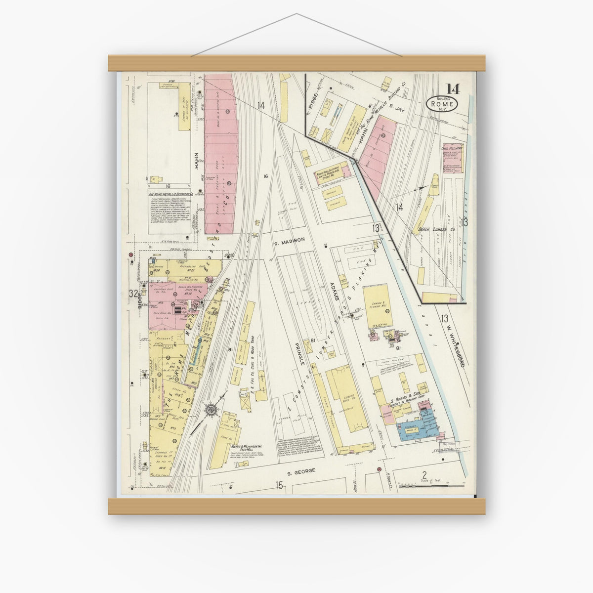 Old map wall art mockup — magnetic wood frame on white wall — Sanborn Fire Insurance Map from Rome, Oneida County, New York (1914), Sheet #0014