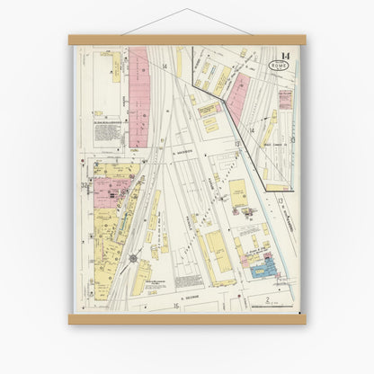 Old map wall art mockup — magnetic wood frame on white wall — Sanborn Fire Insurance Map from Rome, Oneida County, New York (1914), Sheet #0014