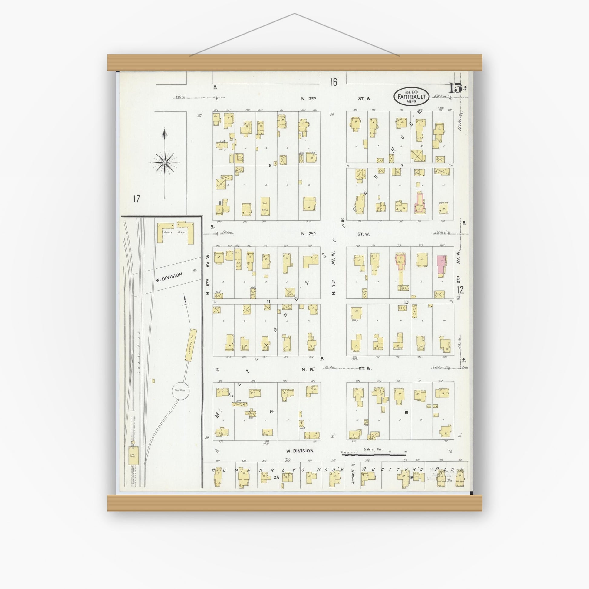 Old map wall art mockup — magnetic wood frame on white wall — Sanborn Fire Insurance Map from Faribault, Rice County, Minnesota (1909), Sheet #0015