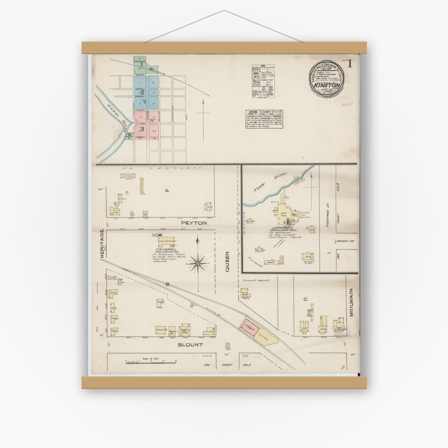 Old map wall art mockup — magnetic wood frame on white wall — Sanborn Fire Insurance Map from Kinston, Lenoir County, North Carolina (1885) - Complete Map Set