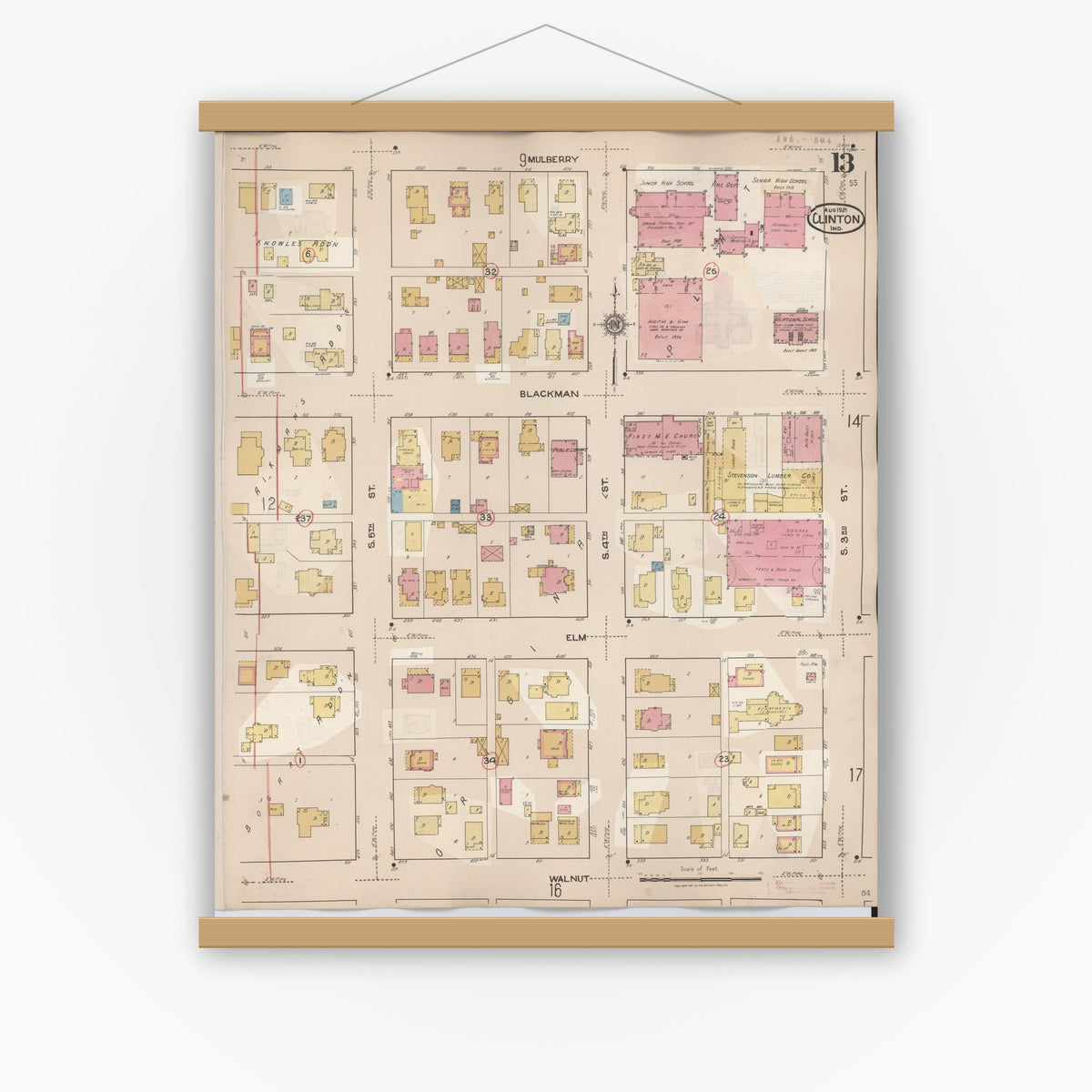 Old map wall art mockup — magnetic wood frame on white wall — Sanborn Fire Insurance Map from Clinton, Vermillion County, Indiana (1947), Sheet #0013