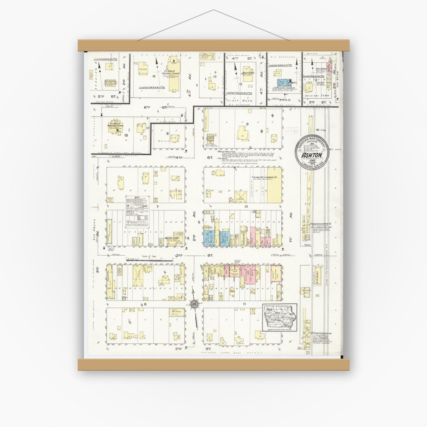 Old map wall art mockup — magnetic wood frame on white wall — Sanborn Fire Insurance Map from Ashton, Osceola County, Iowa (1914), Sheet #0001