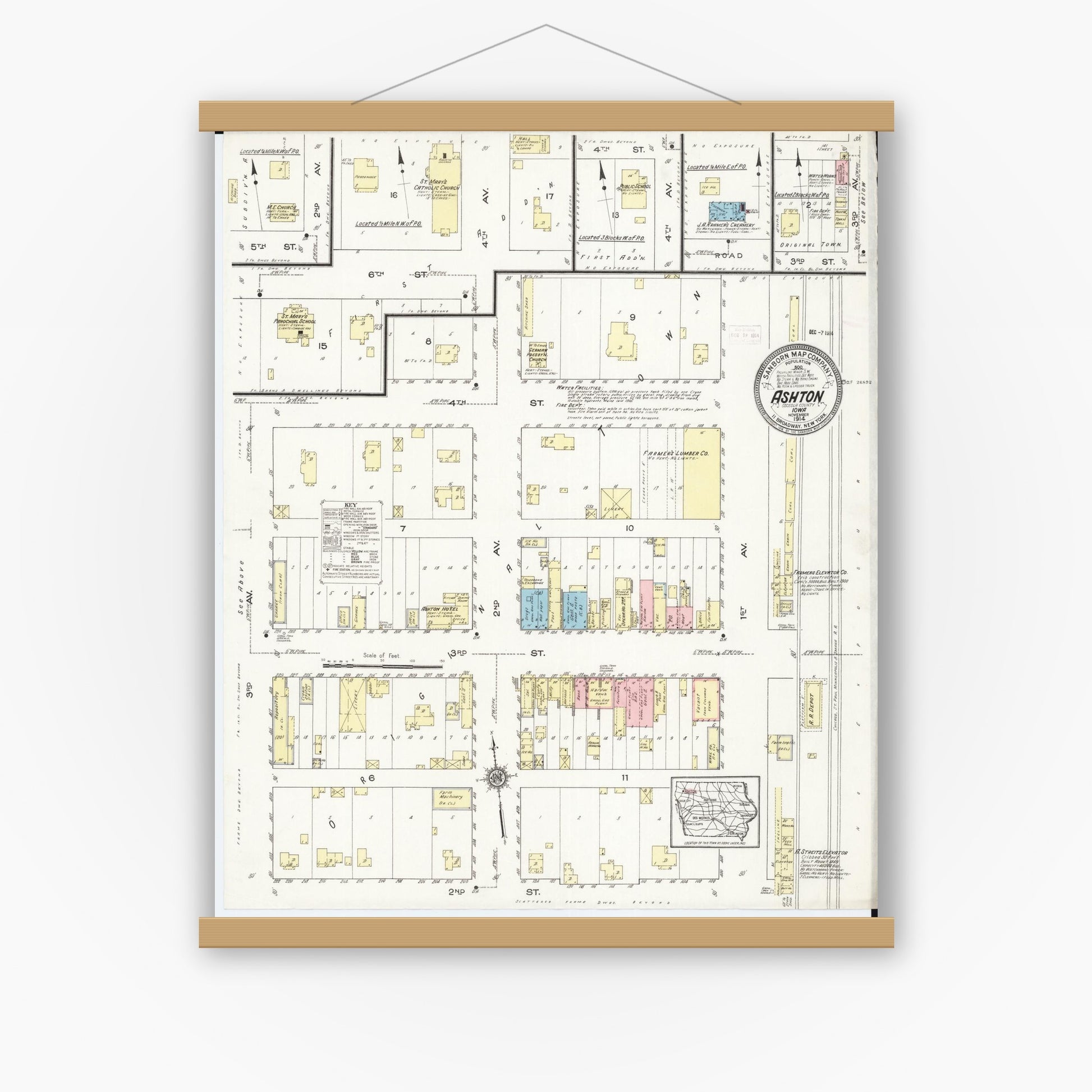 Old map wall art mockup — magnetic wood frame on white wall — Sanborn Fire Insurance Map from Ashton, Osceola County, Iowa (1914), Sheet #0001