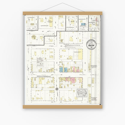 Old map wall art mockup — magnetic wood frame on white wall — Sanborn Fire Insurance Map from Ashton, Osceola County, Iowa (1914), Sheet #0001
