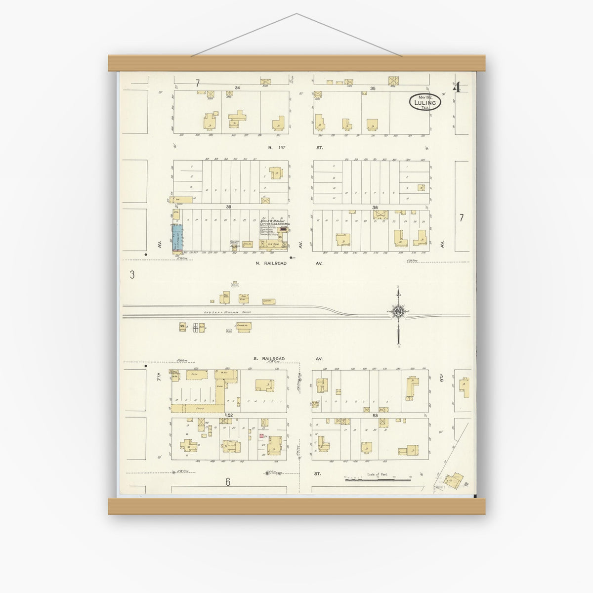 Old map wall art mockup — magnetic wood frame on white wall — Sanborn Fire Insurance Map from Luling, Caldwell County, Texas (1912), Sheet #0004