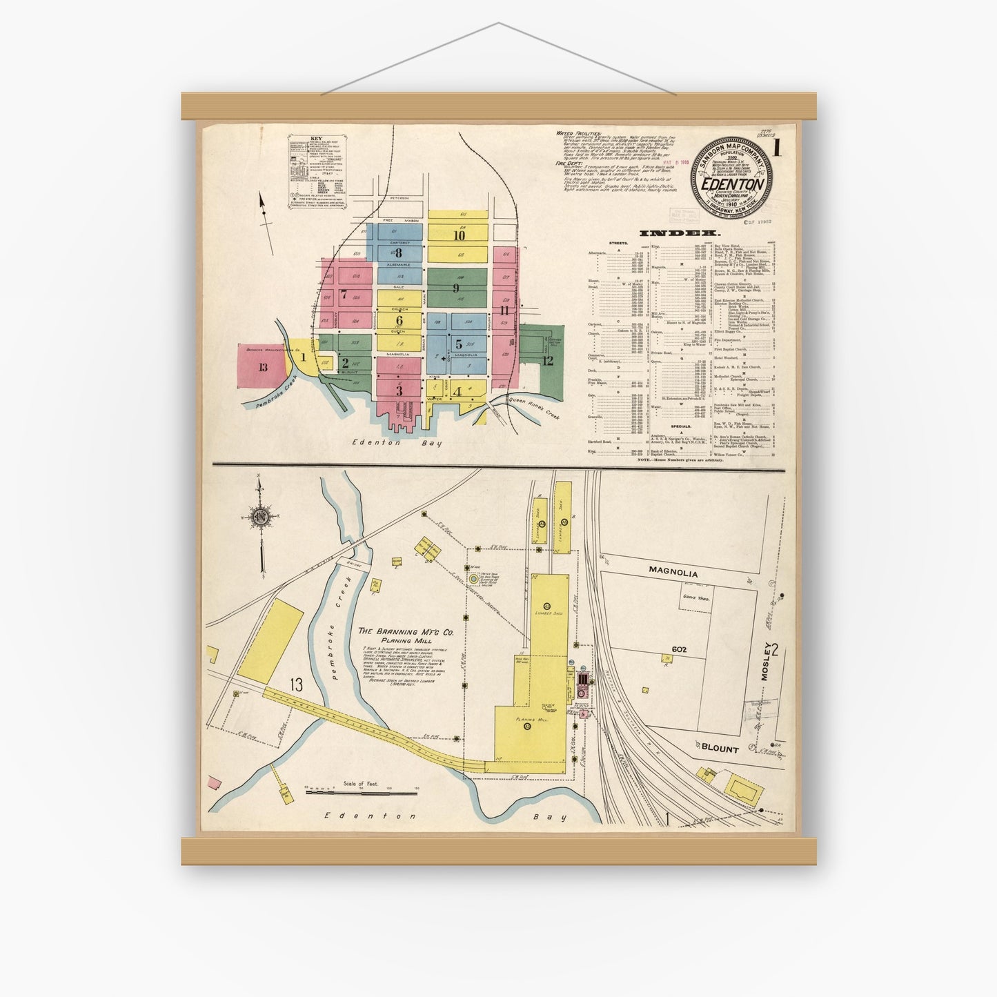 Old map wall art mockup — magnetic wood frame on white wall — Sanborn Fire Insurance Map from Edenton, Chowan County, North Carolina (1910), Sheet #0001