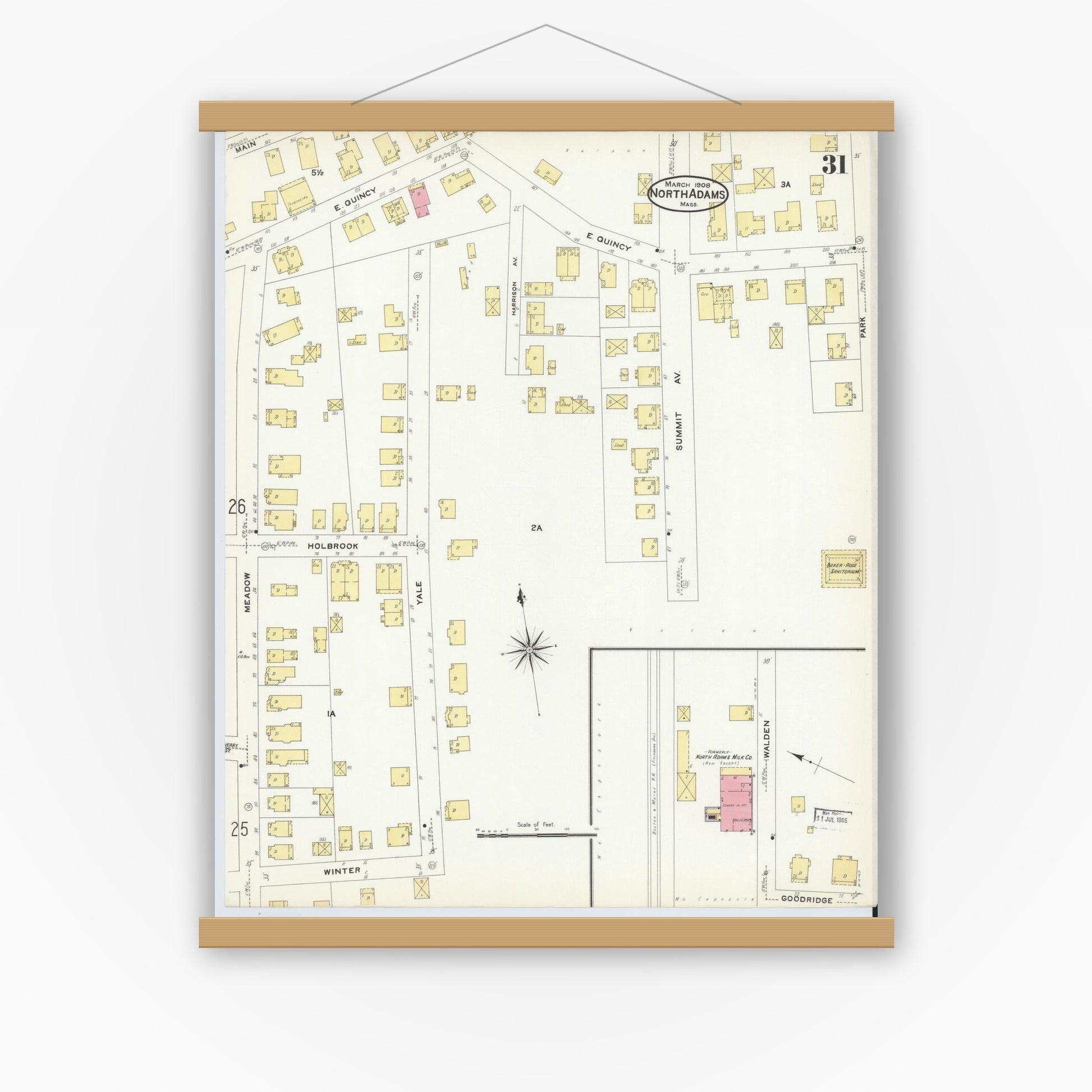 Old map wall art mockup — magnetic wood frame on white wall — Sanborn Fire Insurance Map from North Adams, Berkshire County, Massachusetts (1908), Sheet #0031