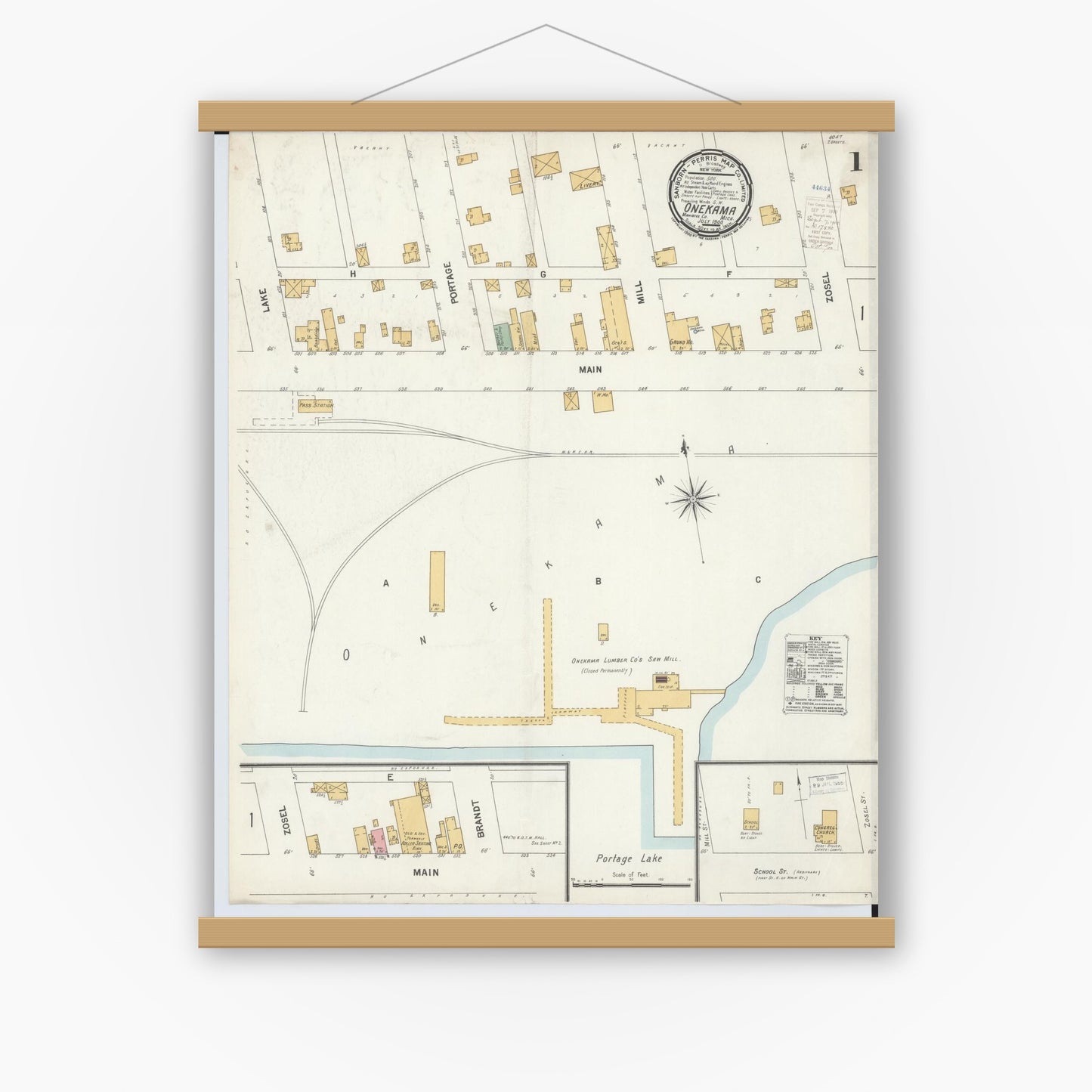 Old map wall art mockup — magnetic wood frame on white wall — Sanborn Fire Insurance Map from Onekama, Manistee County, Michigan (1900) - Complete Map Set
