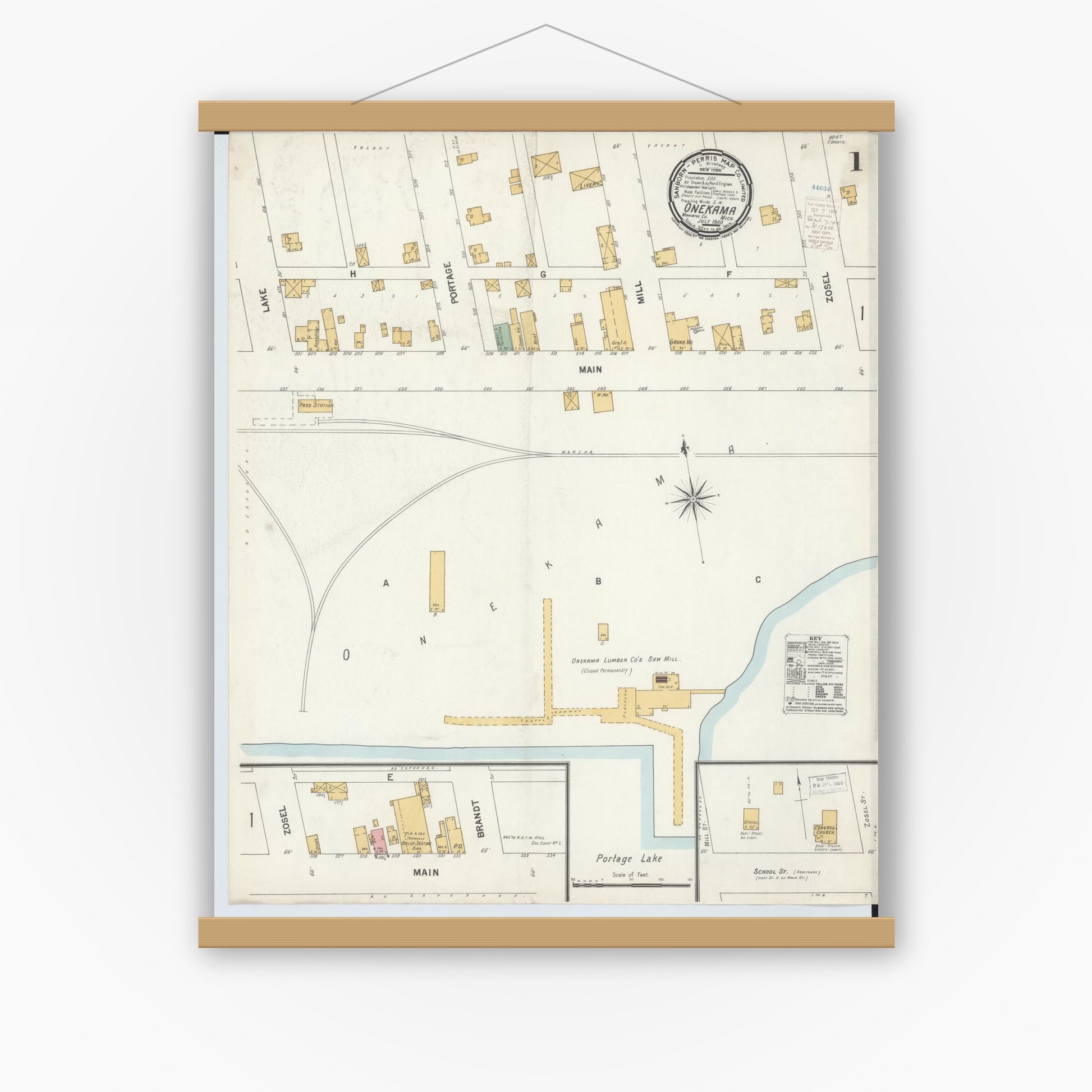 Old map wall art mockup — magnetic wood frame on white wall — Sanborn Fire Insurance Map from Onekama, Manistee County, Michigan (1900) - Complete Map Set