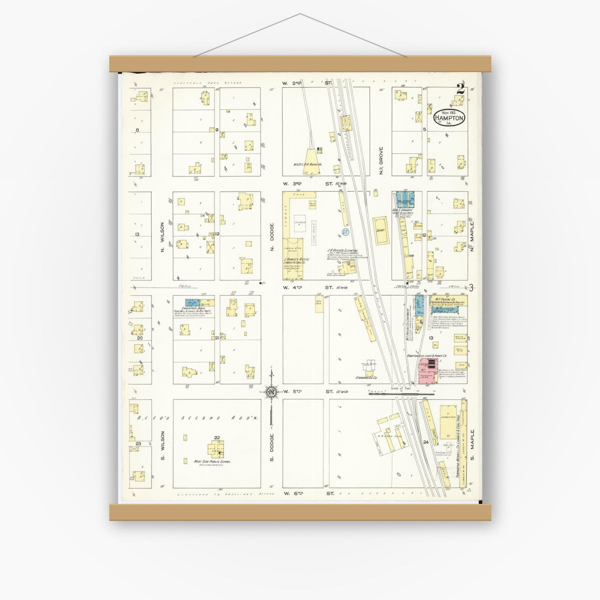 Old map wall art mockup — magnetic wood frame on white wall — Sanborn Fire Insurance Map from Hampton, Franklin County, Iowa (1913), Sheet #0002