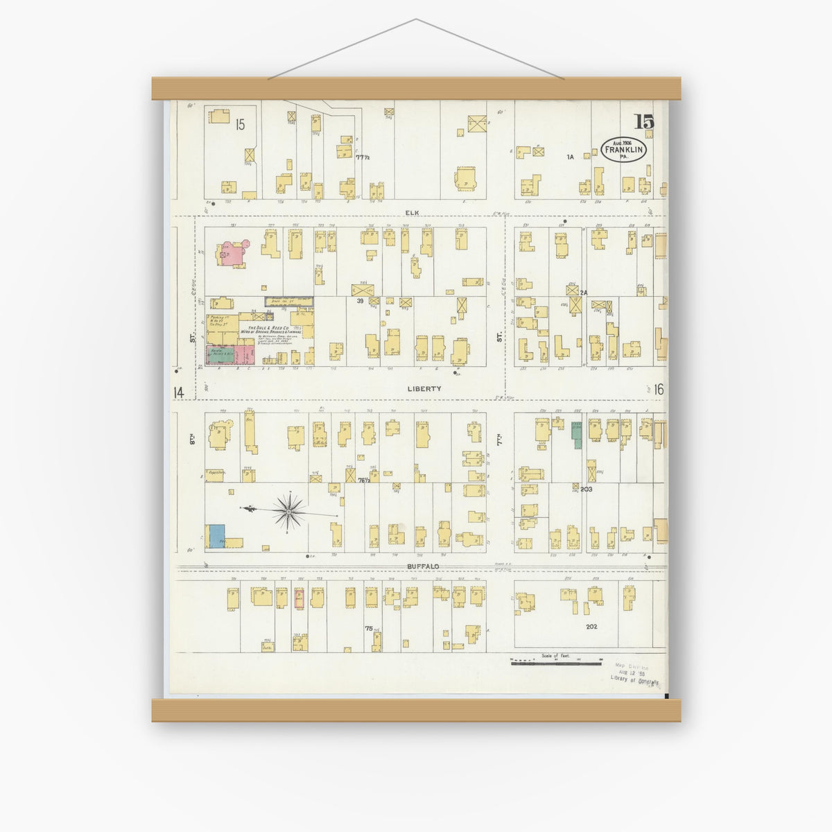 Old map wall art mockup — magnetic wood frame on white wall — Sanborn Fire Insurance Map from Franklin, Venango County, Pennsylvania (1906), Sheet #0015