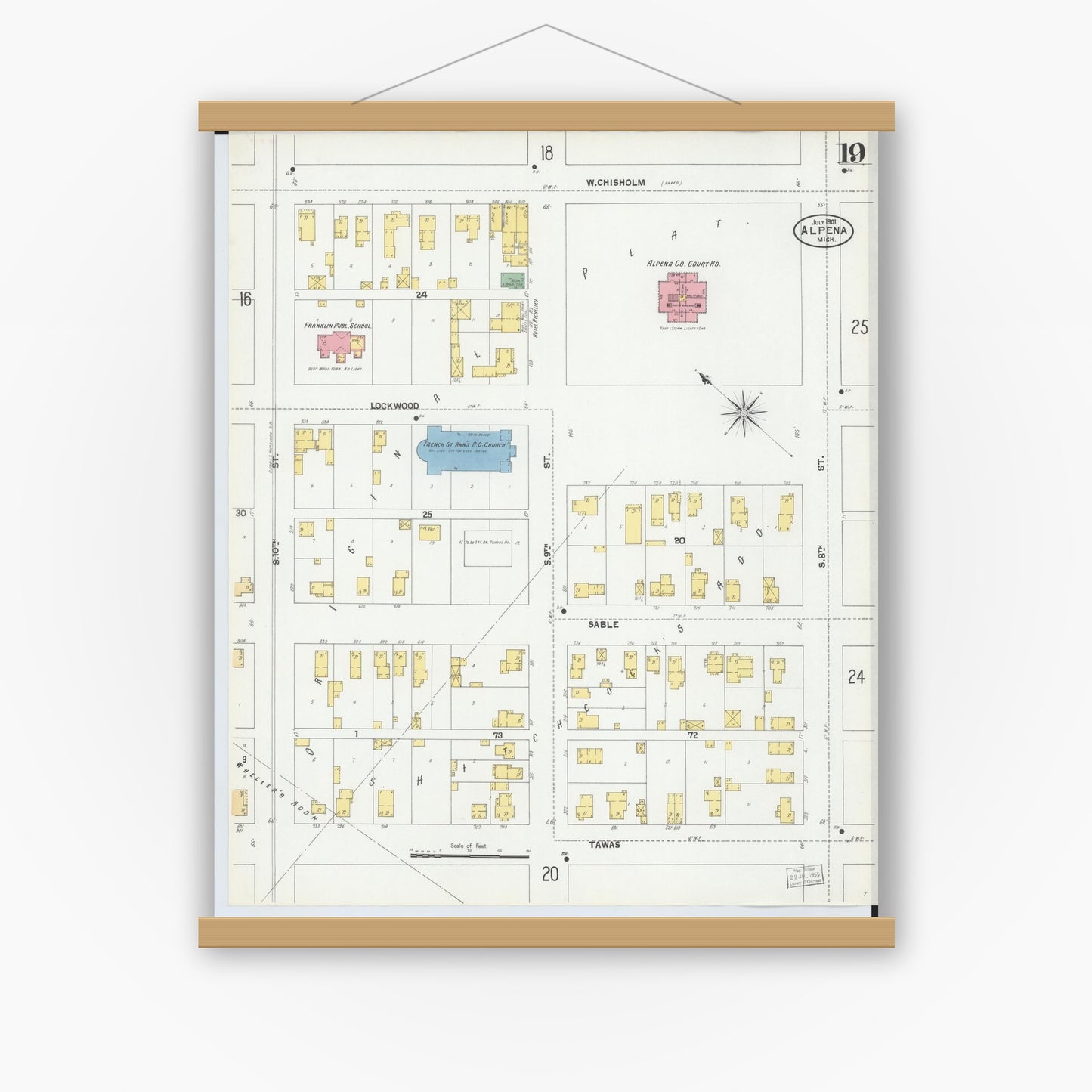 Old map wall art mockup — magnetic wood frame on white wall — Sanborn Fire Insurance Map from Alpena, Alpena County, Michigan (1901), Sheet #0019