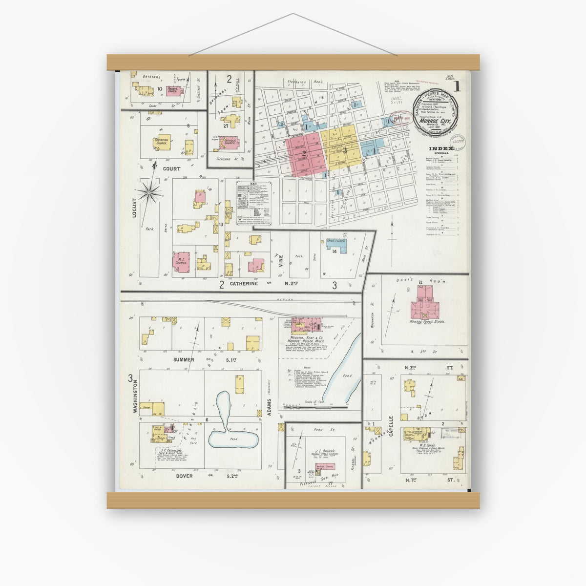 Old map wall art mockup — magnetic wood frame on white wall — Sanborn Fire Insurance Map from Monroe City, Monroe County, Missouri (1899), Sheet #0001