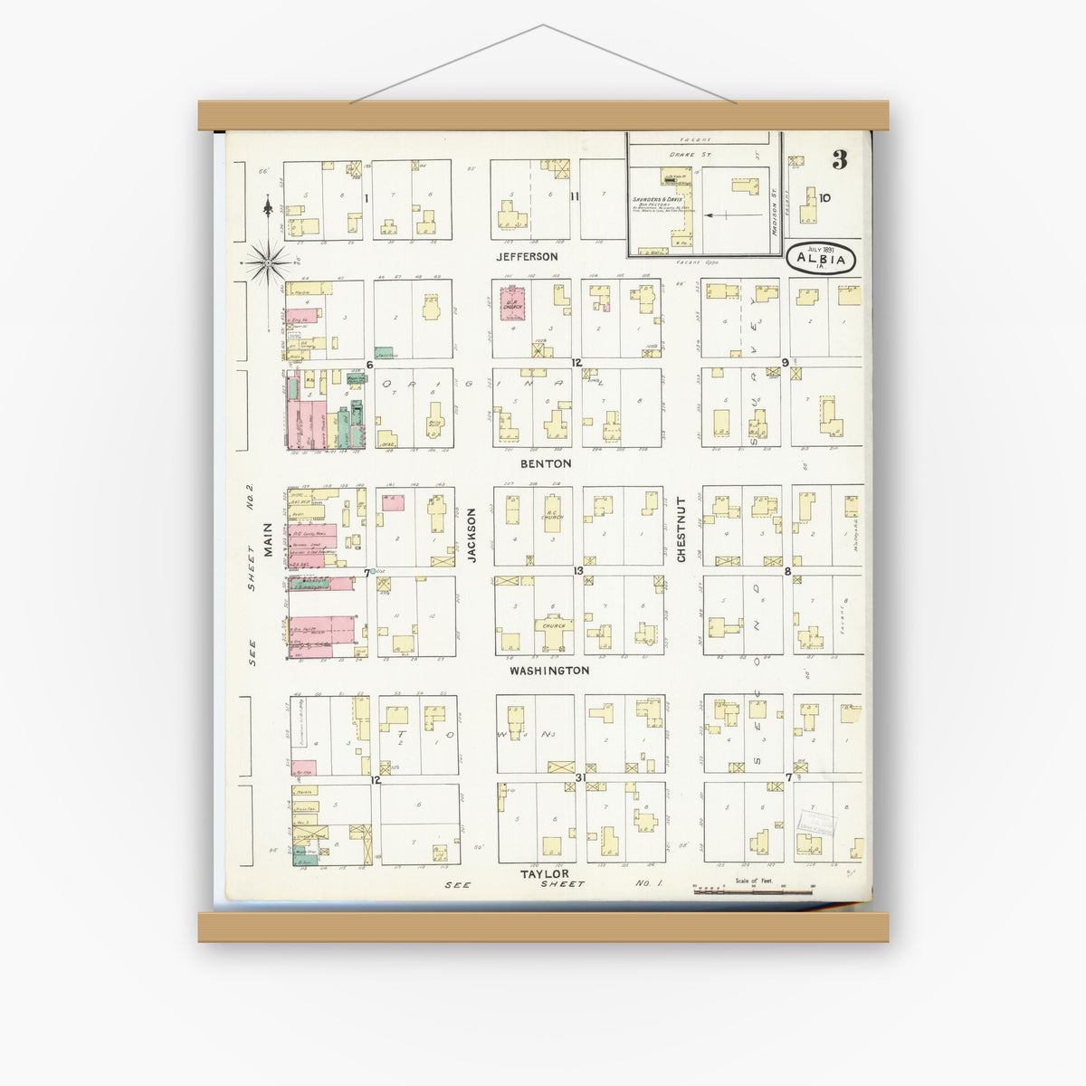 Old map wall art mockup — magnetic wood frame on white wall — Sanborn Fire Insurance Map from Albia, Monroe County, Iowa (1891), Sheet #0003