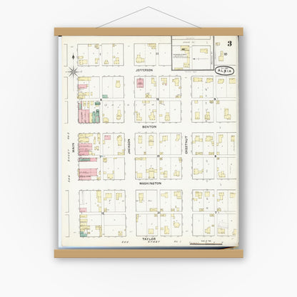 Old map wall art mockup — magnetic wood frame on white wall — Sanborn Fire Insurance Map from Albia, Monroe County, Iowa (1891), Sheet #0003
