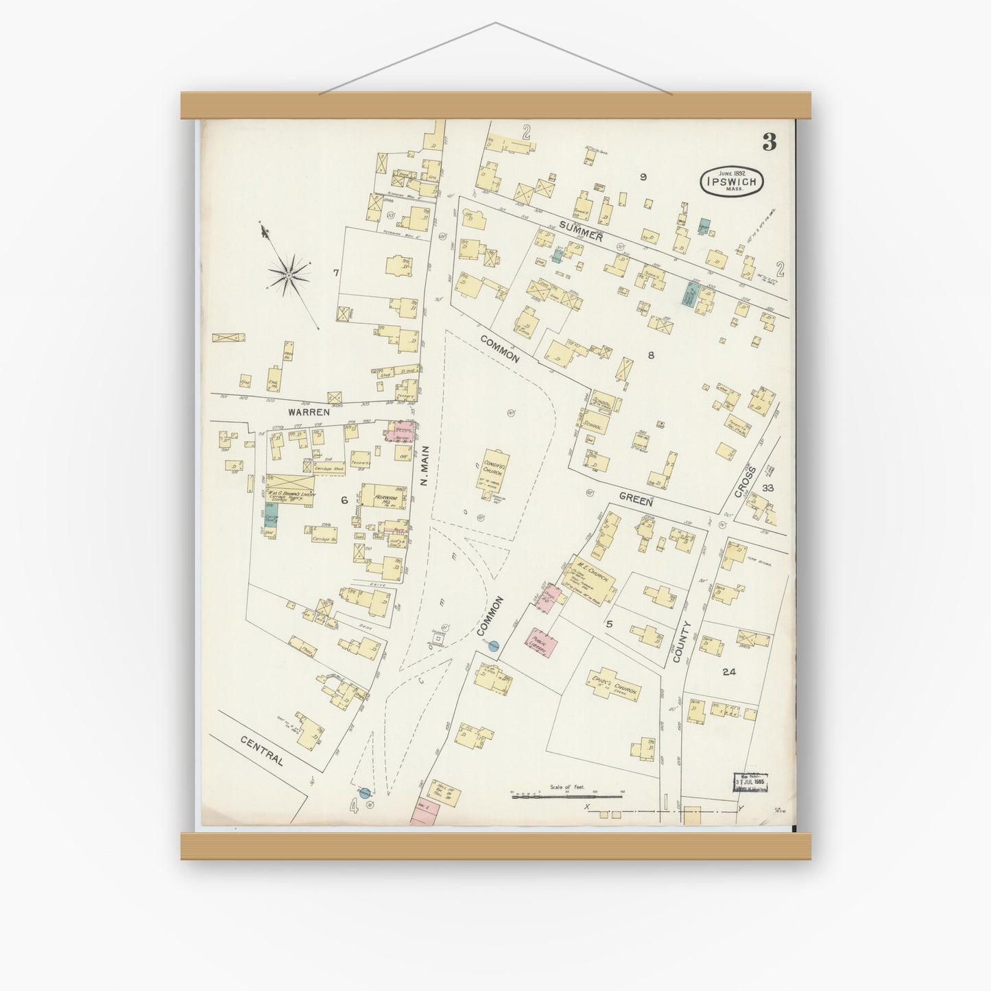 Old map wall art mockup — magnetic wood frame on white wall — Sanborn Fire Insurance Map from Ipswich, Essex County, Massachusetts (1892), Sheet #0003