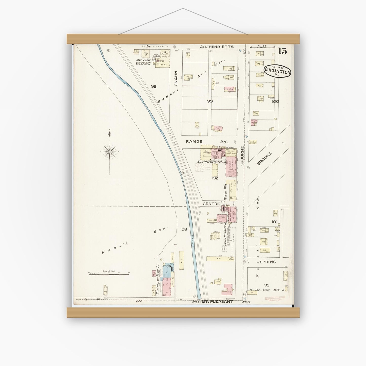 Old map wall art mockup — magnetic wood frame on white wall — Sanborn Fire Insurance Map from Burlington, Des Moines County, Iowa (1888), Sheet #0015