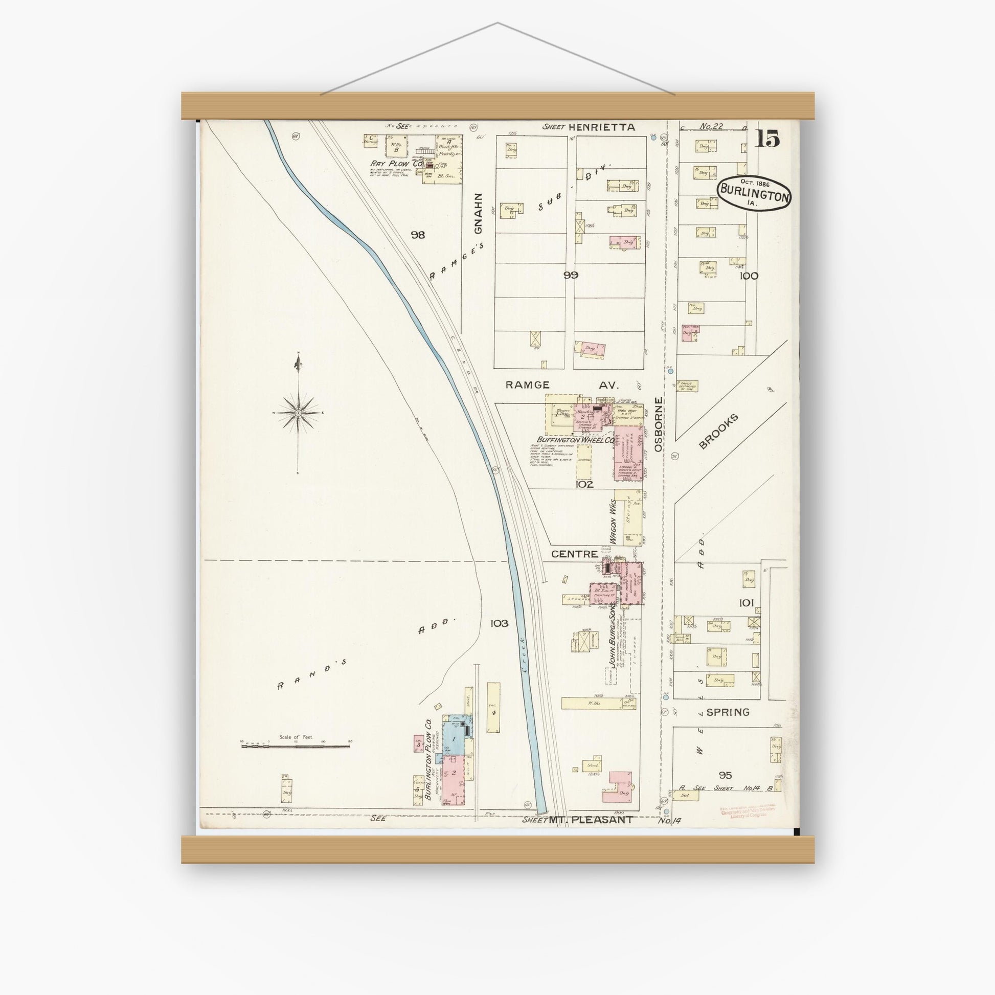 Old map wall art mockup — magnetic wood frame on white wall — Sanborn Fire Insurance Map from Burlington, Des Moines County, Iowa (1888), Sheet #0015