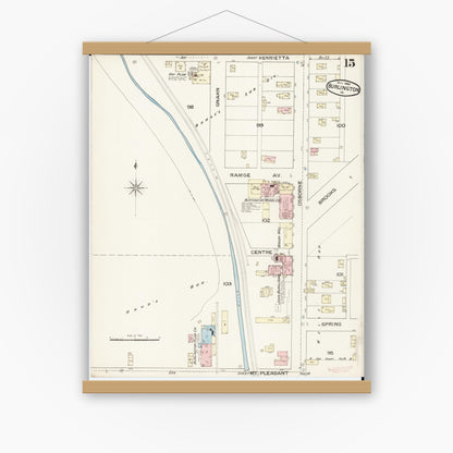 Old map wall art mockup — magnetic wood frame on white wall — Sanborn Fire Insurance Map from Burlington, Des Moines County, Iowa (1888), Sheet #0015