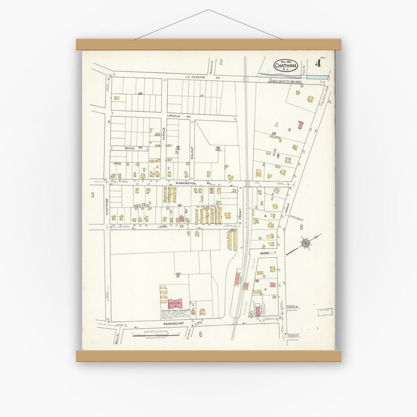 Old map wall art mockup — magnetic wood frame on white wall — Sanborn Fire Insurance Map from Chatham, Morris County, New Jersey (1921), Sheet #0004