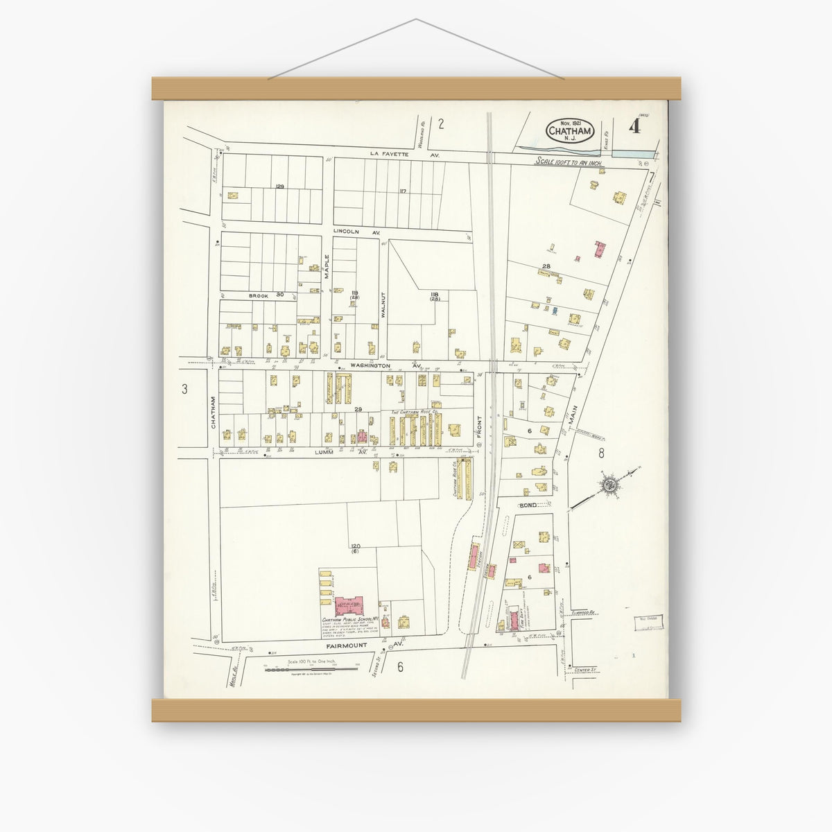 Old map wall art mockup — magnetic wood frame on white wall — Sanborn Fire Insurance Map from Chatham, Morris County, New Jersey (1921), Sheet #0004