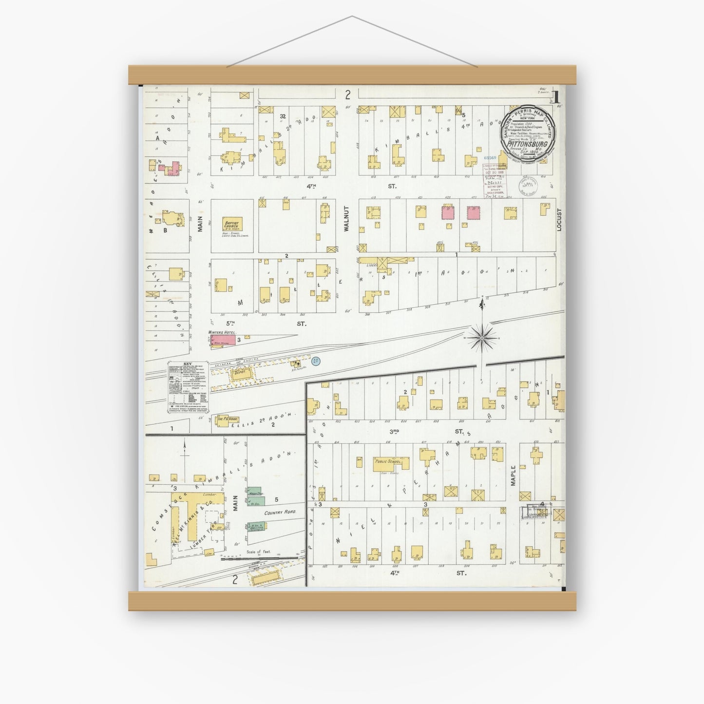 Old map wall art mockup — magnetic wood frame on white wall — Sanborn Fire Insurance Map from Pattonsburg, Daviess County, Missouri (1900), Sheet #0001