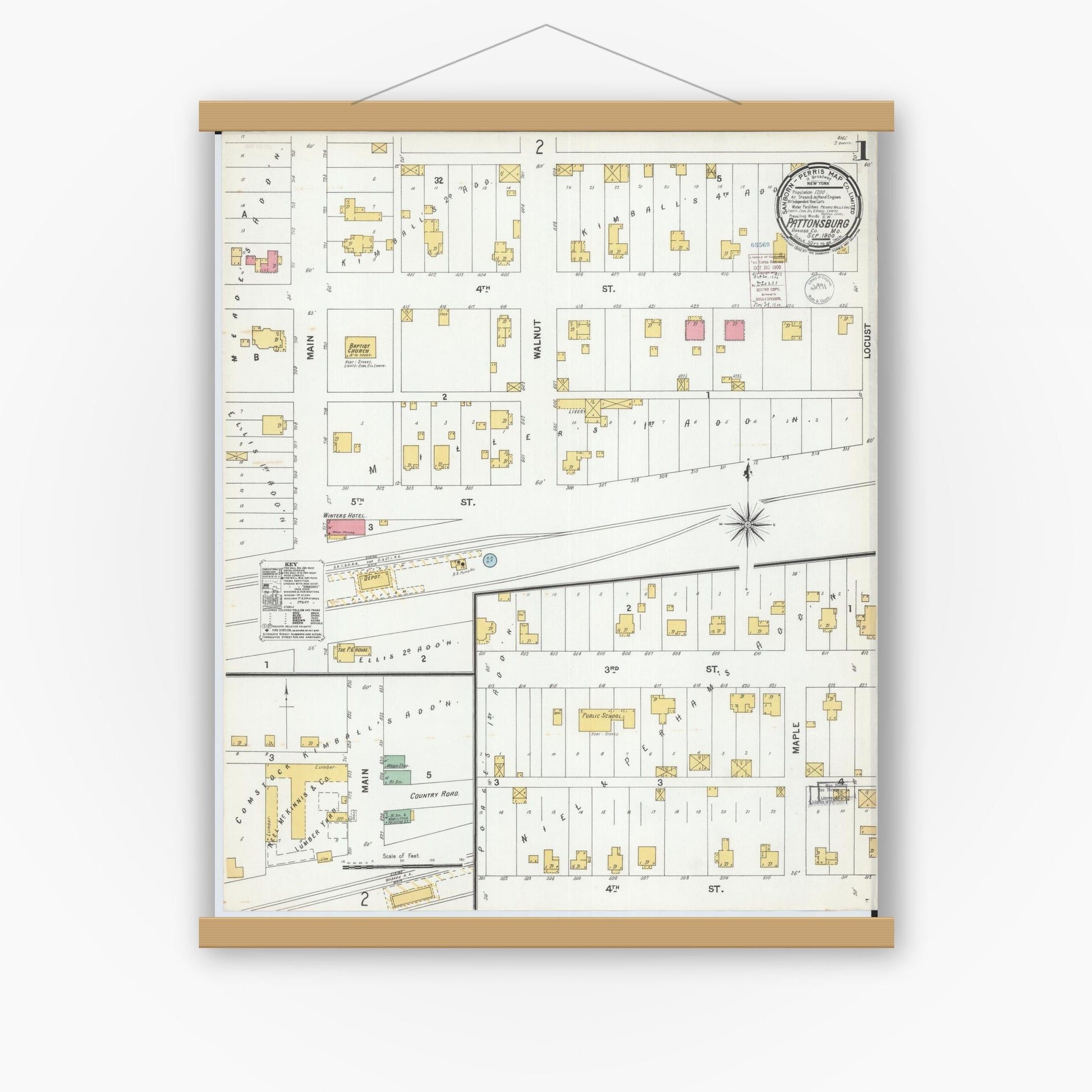 Old map wall art mockup — magnetic wood frame on white wall — Sanborn Fire Insurance Map from Pattonsburg, Daviess County, Missouri (1900), Sheet #0001
