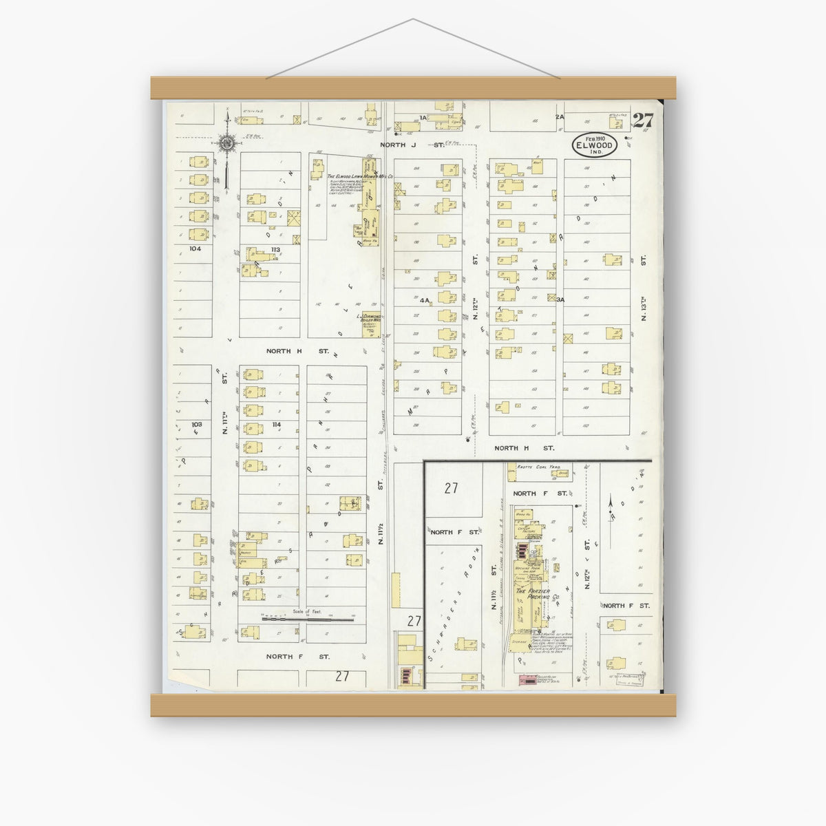 Old map wall art mockup — magnetic wood frame on white wall — Sanborn Fire Insurance Map from Elwood, Madison County, Indiana (1910), Sheet #0027
