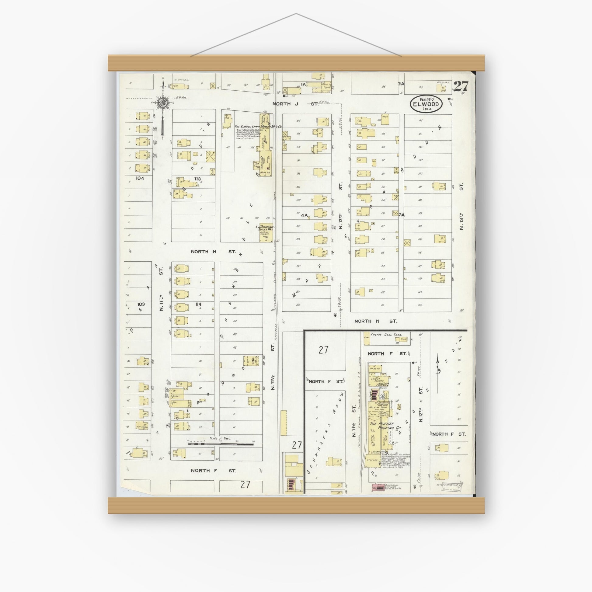 Old map wall art mockup — magnetic wood frame on white wall — Sanborn Fire Insurance Map from Elwood, Madison County, Indiana (1910), Sheet #0027