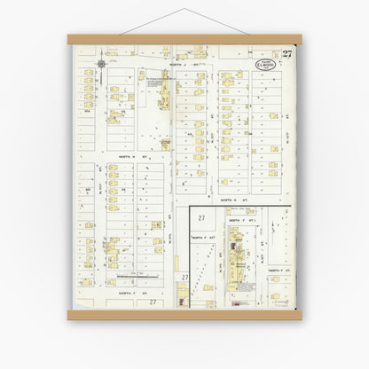 Old map wall art mockup — magnetic wood frame on white wall — Sanborn Fire Insurance Map from Elwood, Madison County, Indiana (1910), Sheet #0027