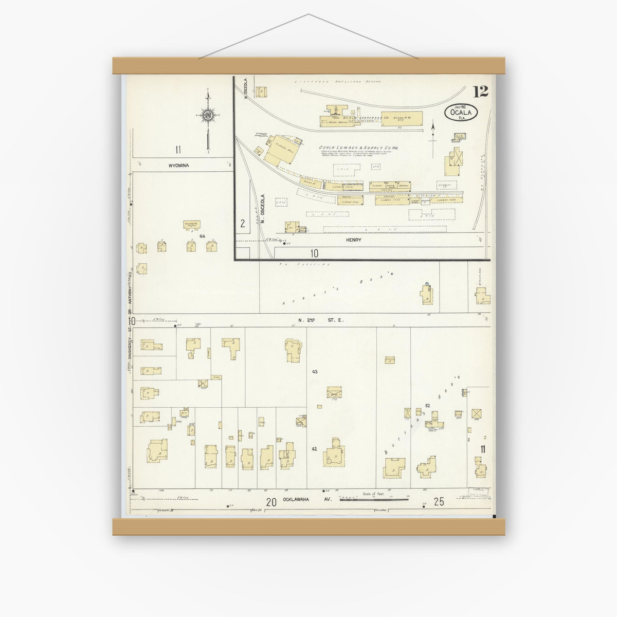 Old map wall art mockup — magnetic wood frame on white wall — Sanborn Fire Insurance Map from Ocala, Marion County, Florida (1912), Sheet #0012
