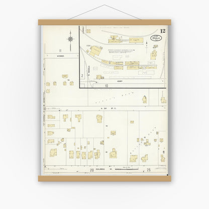 Old map wall art mockup — magnetic wood frame on white wall — Sanborn Fire Insurance Map from Ocala, Marion County, Florida (1912), Sheet #0012
