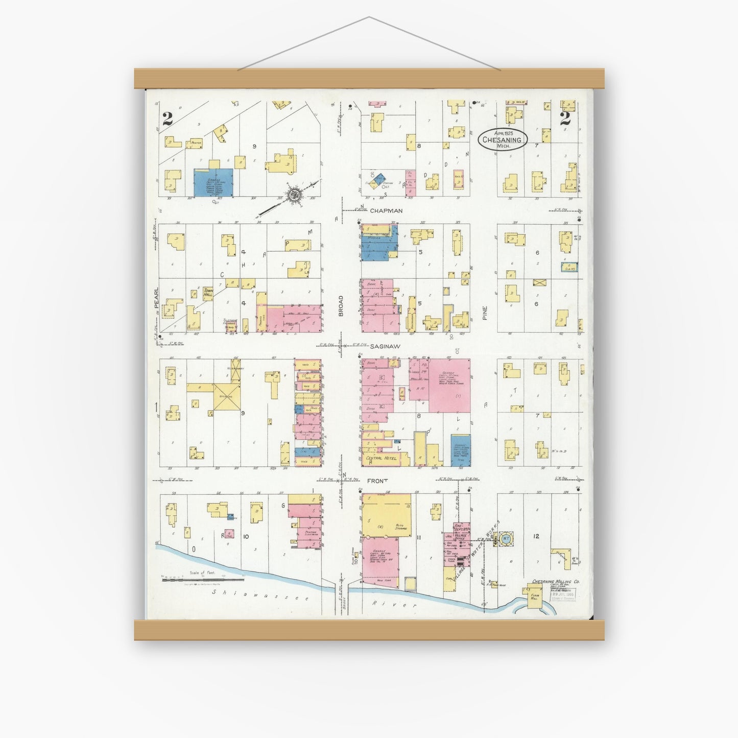 Old map wall art mockup — magnetic wood frame on white wall — Sanborn Fire Insurance Map from Chesaning, Saginaw County, Michigan (1925), Sheet #0002