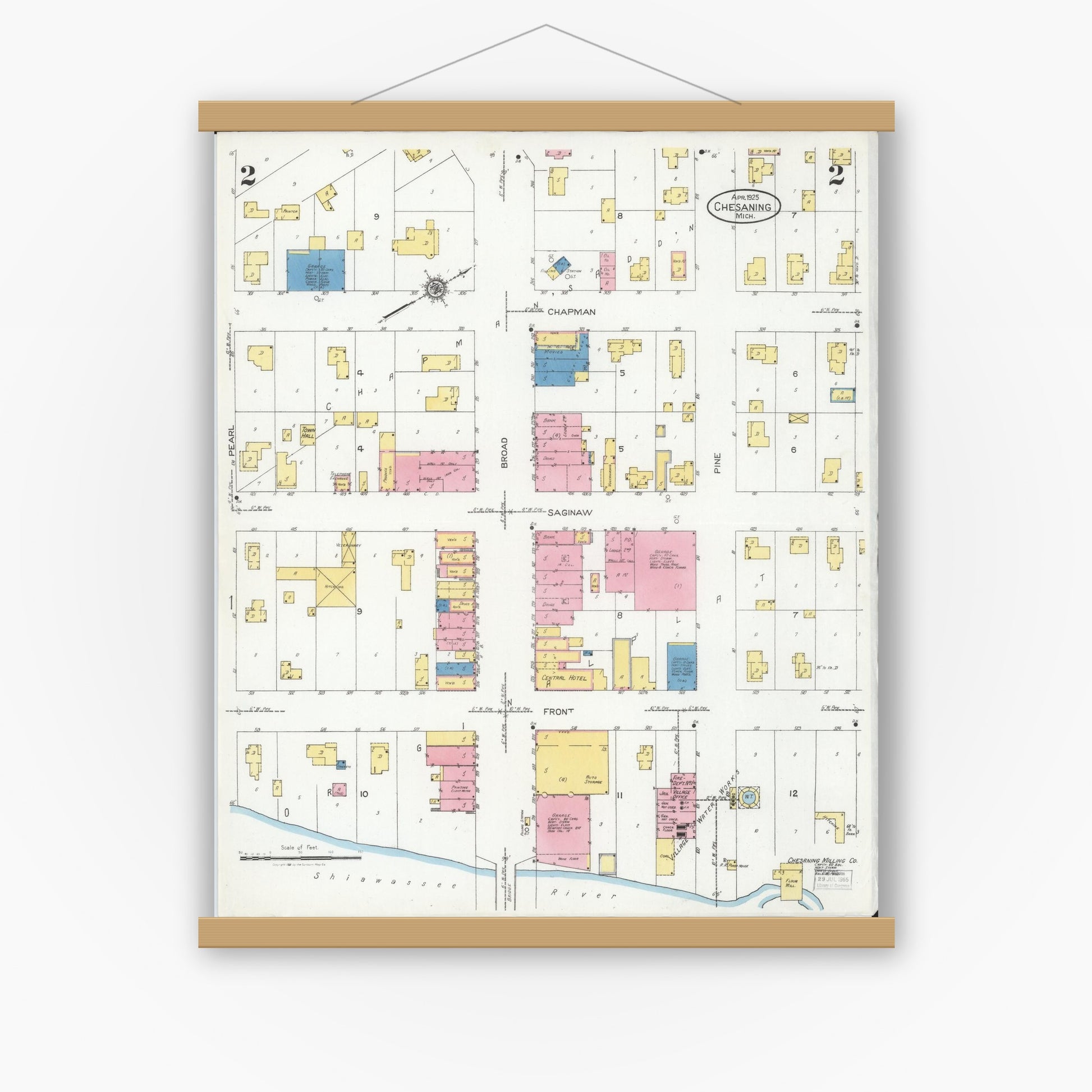 Old map wall art mockup — magnetic wood frame on white wall — Sanborn Fire Insurance Map from Chesaning, Saginaw County, Michigan (1925), Sheet #0002