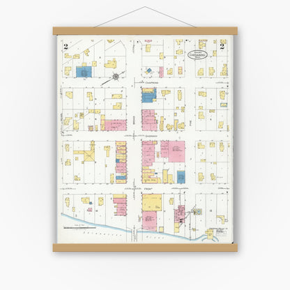 Old map wall art mockup — magnetic wood frame on white wall — Sanborn Fire Insurance Map from Chesaning, Saginaw County, Michigan (1925), Sheet #0002