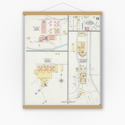 Old map wall art mockup — magnetic wood frame on white wall — Sanborn Fire Insurance Map from Streator, La Salle County, Illinois (1898), Sheet #0012