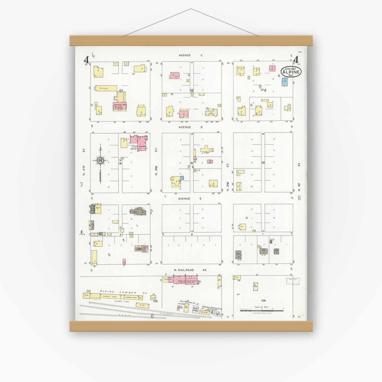 Old map wall art mockup — magnetic wood frame on white wall — Sanborn Fire Insurance Map from Alpine, Brewster County, Texas (1927), Sheet #0004