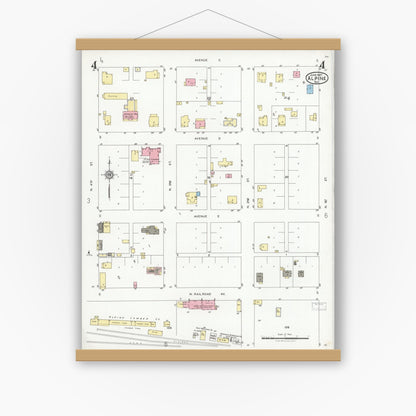 Old map wall art mockup — magnetic wood frame on white wall — Sanborn Fire Insurance Map from Alpine, Brewster County, Texas (1927), Sheet #0004