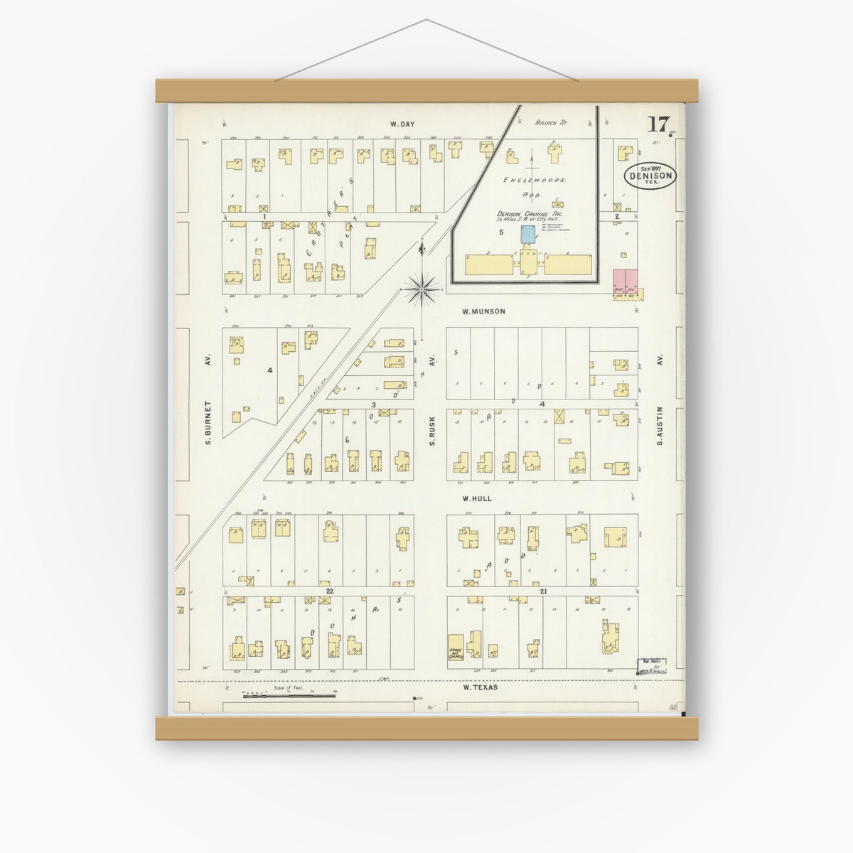 Old map wall art mockup — magnetic wood frame on white wall — Sanborn Fire Insurance Map from Denison, Grayson County, Texas (1897), Sheet #0017