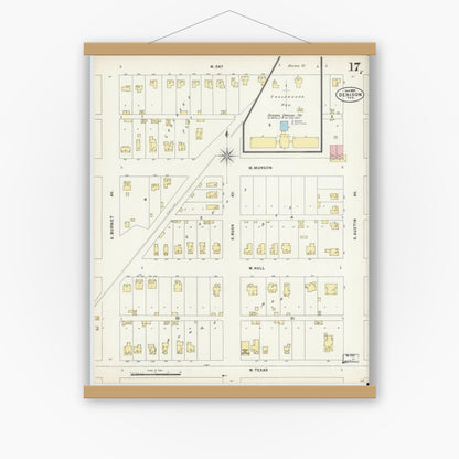 Old map wall art mockup — magnetic wood frame on white wall — Sanborn Fire Insurance Map from Denison, Grayson County, Texas (1897), Sheet #0017