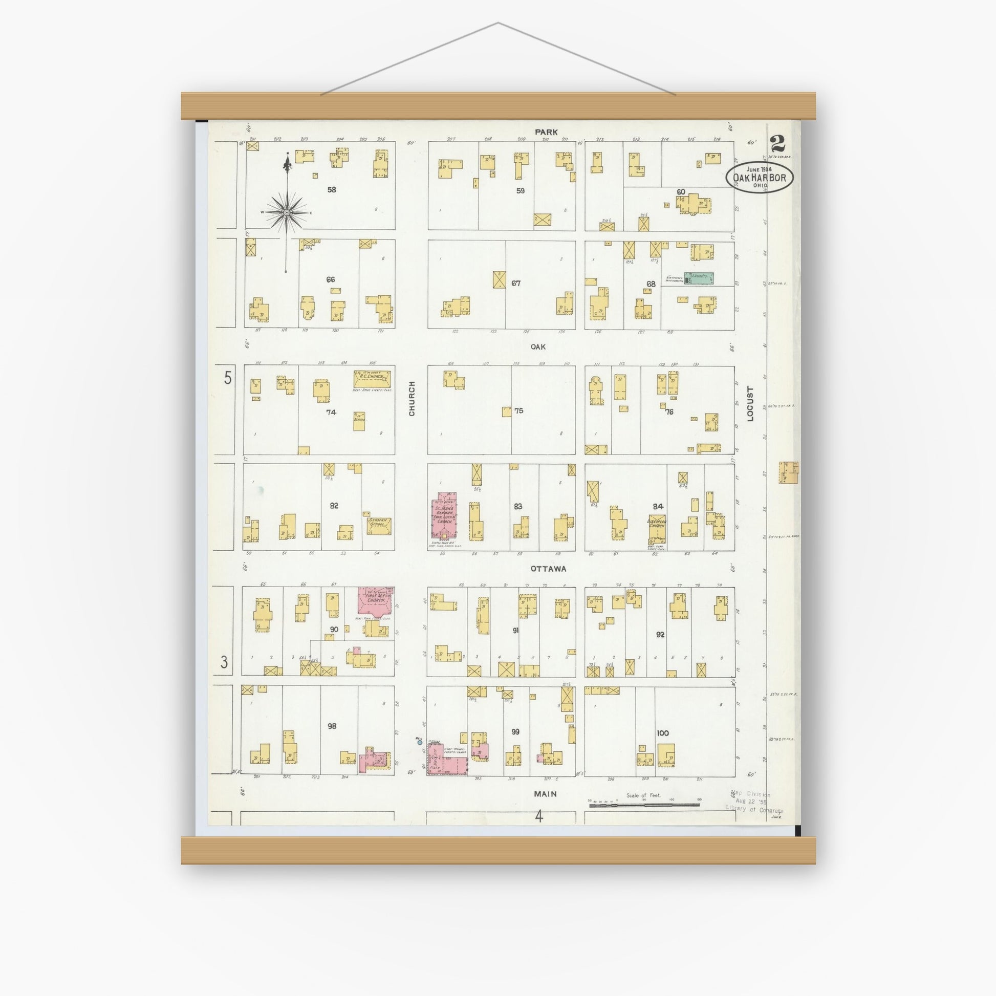 Old map wall art mockup — magnetic wood frame on white wall — Sanborn Fire Insurance Map from Oak Harbor, Ottawa County, Ohio (1904), Sheet #0002